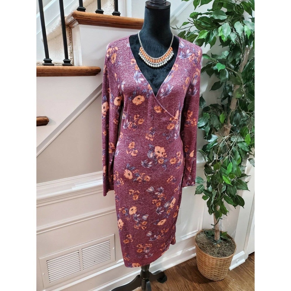 Olive + Oak Women's Floral Polyester V-Neck Long Sleeve Knee Length Dress Size M